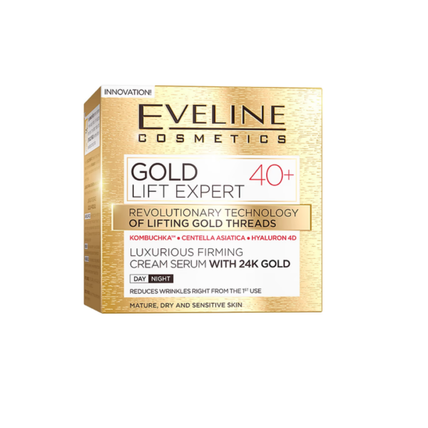 Eveline Cosmetics Gold Lift Expert 40+ Luxurious Firming Cream Serum with 24K Gold packaging, designed for mature, dry, and sensitive skin.