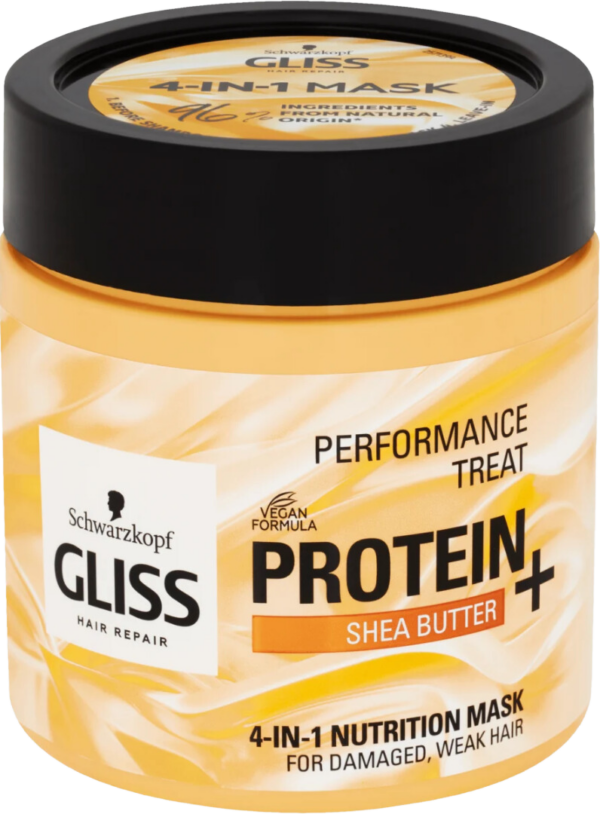 A jar of Schwarzkopf Gliss Hair Repair Protein+ Shea Butter 4-in-1 Nutrition Mask for damaged, weak hair.