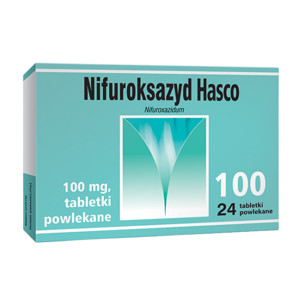 Box of Nifuroksazyd Hasco 100 mg coated tablets, containing 24 tablets for treating bacterial diarrhea.