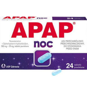 Box of APAP Noc with 24 coated tablets, featuring a blue pill and nighttime-themed packaging.