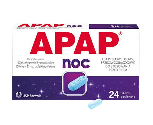 Box of APAP Noc with 24 coated tablets, featuring a blue pill and nighttime-themed packaging.