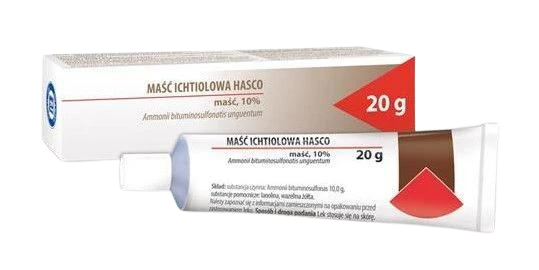 A 20g tube of Hasco Ichthammol Ointment (10%) with its packaging, used for treating skin infections, boils, and abscesses.