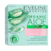 Packaging of Eveline Organic Aloe + Collagen Face Cream-Gel featuring aloe vera and collagen visuals, emphasizing its moisturizing and soothing properties.