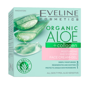 Packaging of Eveline Organic Aloe + Collagen Face Cream-Gel featuring aloe vera and collagen visuals, emphasizing its moisturizing and soothing properties.