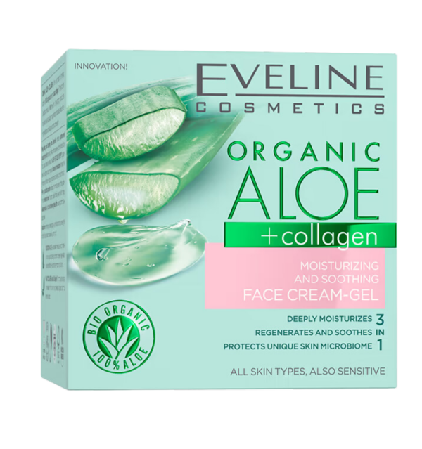 Packaging of Eveline Organic Aloe + Collagen Face Cream-Gel featuring aloe vera and collagen visuals, emphasizing its moisturizing and soothing properties.