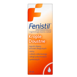 Box of Fenistil Oral Drops, 1 mg/ml, 20 ml, showcasing packaging with product name and allergy relief indications