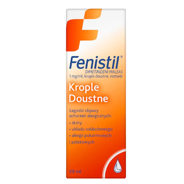 Box of Fenistil Oral Drops, 1 mg/ml, 20 ml, showcasing packaging with product name and allergy relief indications