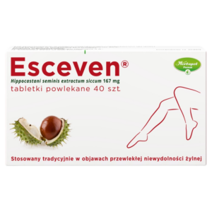 Box of Esceven tablets, featuring horse chestnut extract, used for chronic venous insufficiency relief, 40 coated tablets.