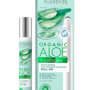 Organic Aloe + Collagen Moisturizing Eye Contour Roll-On by Eveline Cosmetics, featuring a cooling applicator and packaging with aloe vera imagery