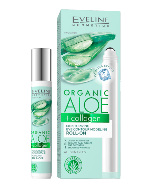 Organic Aloe + Collagen Moisturizing Eye Contour Roll-On by Eveline Cosmetics, featuring a cooling applicator and packaging with aloe vera imagery