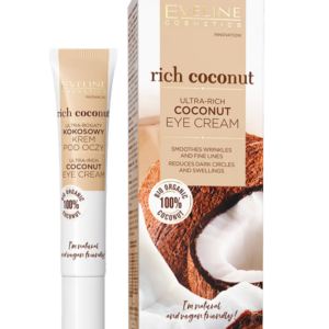 Packaging and tube of Eveline Rich Coconut Ultra-Rich Coconut Eye Cream, featuring a coconut illustration and vegan-friendly labeling