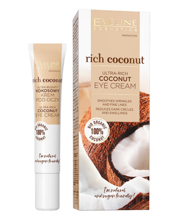 Packaging and tube of Eveline Rich Coconut Ultra-Rich Coconut Eye Cream, featuring a coconut illustration and vegan-friendly labeling