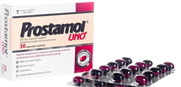 Prostamol UNO box and blister pack containing 30 softgel capsules