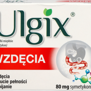 A box of Ulgix Wzdęcia soft gel capsules for relieving bloating and digestive discomfort, containing 80 mg of simethicone.