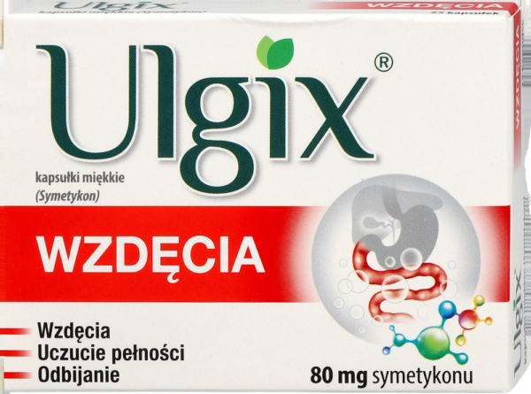 A box of Ulgix Wzdęcia soft gel capsules for relieving bloating and digestive discomfort, containing 80 mg of simethicone.