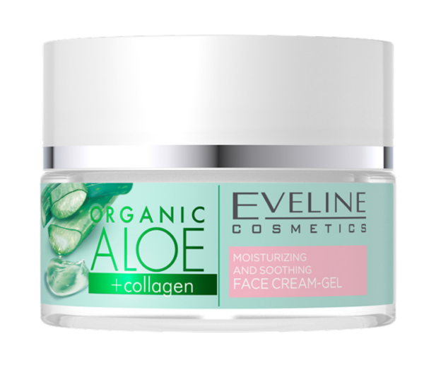 Jar of Eveline Organic Aloe + Collagen Face Cream-Gel showcasing the product’s branding and its light, vegan formula