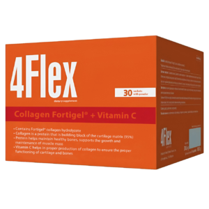 Box of 4Flex Collagen Fortigel® + Vitamin C dietary supplement containing 30 sachets of powder.