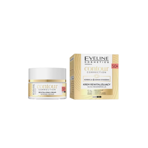 Eveline Cosmetics Contour Correction Revitalizing Cream 50+ - Day and Night Anti-Aging Cream in a 50ml jar, displayed with its gold and white packaging.