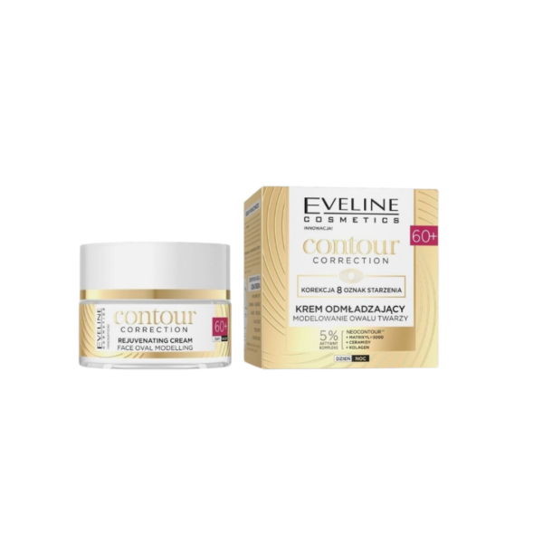 Eveline Cosmetics Contour Correction Rejuvenating Cream 60+ - Face Oval Modelling Anti-Aging Cream in a 50ml jar, displayed with gold and white packaging.