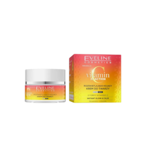 Eveline Cosmetics Vitamin C 3x Action - Illuminating and Soothing Face Cream, Day and Night use, in a 50ml jar with vibrant red and yellow packaging.