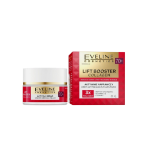 Eveline Cosmetics Lift Booster Collagen 70+ - Actively Repairing Cream-Wrinkle Filler for Day and Night use in a 50ml jar with red and gold packaging.