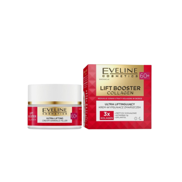 Eveline Cosmetics Lift Booster Collagen 60+ - Ultra Lifting Cream-Wrinkle Filler for Day and Night use in a 50ml jar with red and gold packaging.