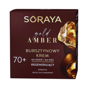 Jar of Soraya Gold Amber Regenerating Day & Night Cream 70+ designed for mature skin, shown with its luxurious packaging