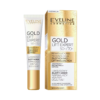 Packaging of Eveline Gold Lift Expert Luxurious Eye and Lip Contour Cream, featuring advanced lifting technology with gold threads, Argatensyl™, Pro-Retinol A, and caffeine for wrinkle reduction and firming, displayed next to its golden box