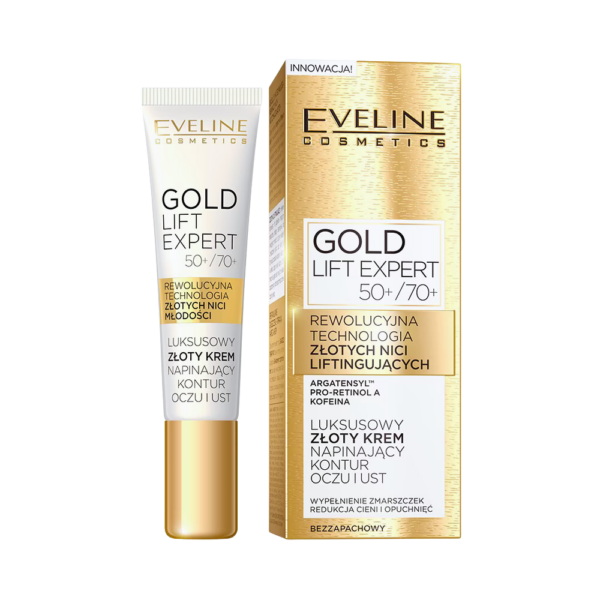 Packaging of Eveline Gold Lift Expert Luxurious Eye and Lip Contour Cream, featuring advanced lifting technology with gold threads, Argatensyl™, Pro-Retinol A, and caffeine for wrinkle reduction and firming, displayed next to its golden box