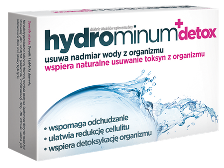 Box of Hydrominum Detox dietary supplement for water elimination and detox support.