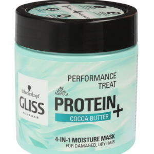 A jar of Schwarzkopf Gliss Hair Repair Protein+ Cocoa Butter 4-in-1 Moisture Mask with a mint-green label and black lid, designed for damaged and dry hair, featuring a vegan formula that nourishes and repairs.