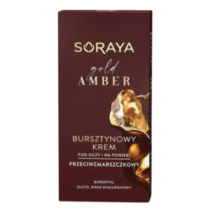 Packaging of Soraya Gold Amber Anti-Wrinkle Eye and Eyelid Cream with luxurious amber and gold design.