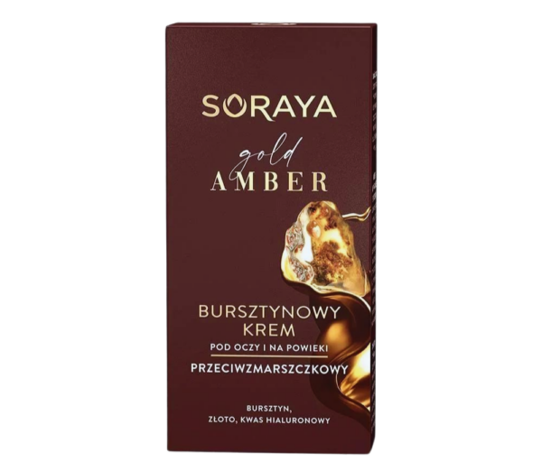 Packaging of Soraya Gold Amber Anti-Wrinkle Eye and Eyelid Cream with luxurious amber and gold design.