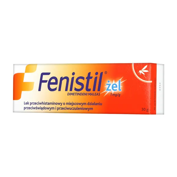 Image of Fenistil Żel 30g, a tube of antihistamine gel used to relieve itching and irritation from allergies, insect bites, and sunburn