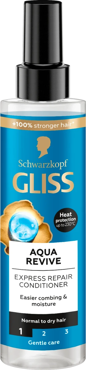 A bottle of Schwarzkopf Gliss Aqua Revive Express Repair Conditioner with a blue label, featuring a silhouette and moisturizing elements, designed for normal to dry hair.