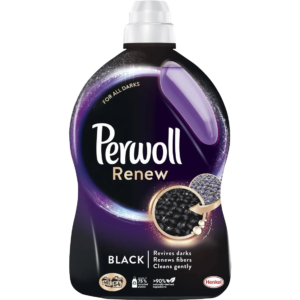 A bottle of Perwoll Renew Black Liquid Detergent for dark clothes, emphasizing fiber renewal and color protection.