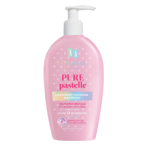 A bottle of AA Intymna Pure Pastelle for Girls, a delicate pink emulsion for intimate hygiene, designed to protect the natural microflora with 12 hypoallergenic ingredients.