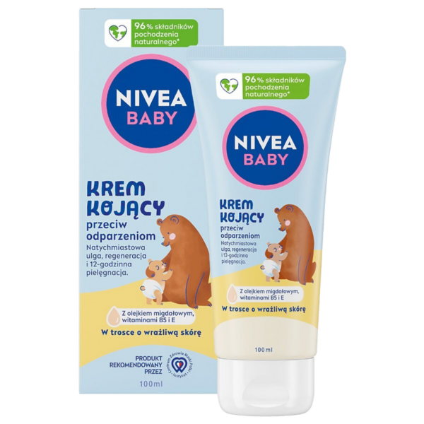 NIVEA Baby Soothing Cream for Diaper Rash in 100ml tube, with natural ingredients like almond oil, Vitamin B5, and E, offering up to 12 hours of skin protection and care.