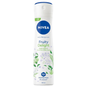 A bottle of Nivea Fruity Delight Anti-Perspirant with green apple and lily of the valley scent, offering 72-hour protection, 150ml.