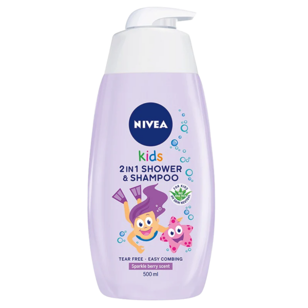 Nivea Kids 2-in-1 Shower & Shampoo bottle with sparkle berry scent, 500ml, featuring tear-free formula and easy-combing solution.