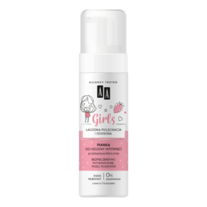 AA Girls Intimate Hygiene Foam for girls, 150ml bottle with a strawberry scent and a gentle formula, clinically tested and free from dyes.