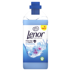 A bottle of Lenor Fabric Conditioner in the Spring Awakening scent, XL pack, featuring a blue cap and floral design on the label.