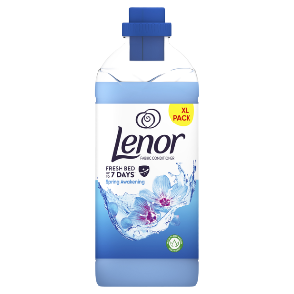 A bottle of Lenor Fabric Conditioner in the Spring Awakening scent, XL pack, featuring a blue cap and floral design on the label.