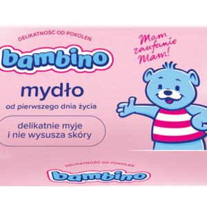 Bambino Baby Soap packaging featuring a smiling blue bear in a pink striped shirt, with text highlighting its gentle cleansing and skin-moisturizing properties.