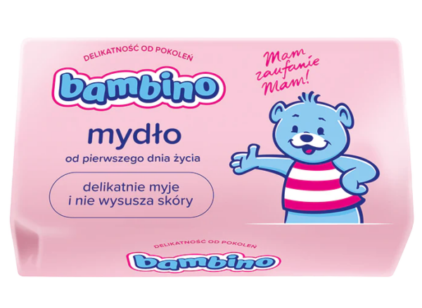 Bambino Baby Soap packaging featuring a smiling blue bear in a pink striped shirt, with text highlighting its gentle cleansing and skin-moisturizing properties.