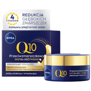 Nivea Q10 Anti-Wrinkle Night Cream Extra Nourishing packaging, featuring a blue jar with a gold lid and a box highlighting its benefits, such as reducing deep wrinkles and improving skin firmness.