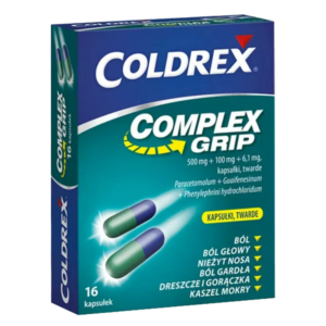 Coldrex Complex Grip 16-capsule pack for cold and flu relief, featuring active ingredients paracetamol, guaifenesin, and phenylephrine hydrochloride.