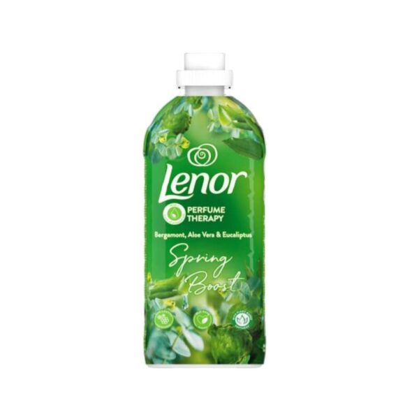 A bottle of Lenor Perfume Therapy Spring Boost fabric softener featuring bergamot, aloe vera, and eucalyptus scents, offering 37 washes of freshness and softness.