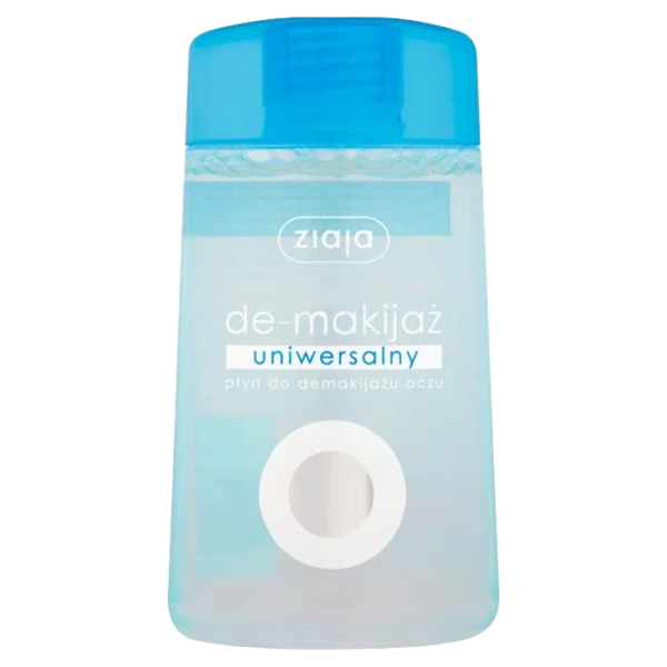 A bottle of Ziaja Universal Eye Makeup Remover with a blue cap, featuring text in Polish indicating its use for eye makeup removal.