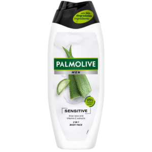 Palmolive Men Sensitive 2-in-1 Body & Face Wash bottle with aloe vera and vitamin E extracts, 95% natural origin, biodegradable ingredients for sensitive skin.